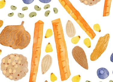 Padrão aquarela com cenoura, feijões, frutos secos e sementes para branding de snacks