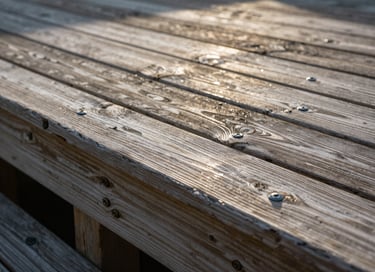Close-up detail of a refinished deck surface on a Delaware home, new composite boards replacing weathered wood, photographed in morning light showing material texture and fresh fasteners