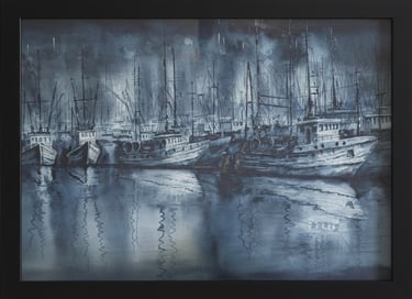 watercolour painting of trawlers in dock.