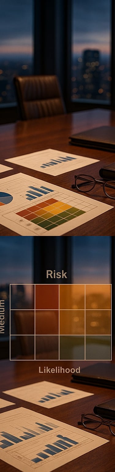 Executive working on laptop with governance reports and analytics on the desk.