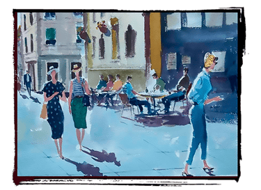 a watercolor painting of a womans walking down a street