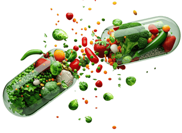 Open capsule filled with colorful fruits and vegetables bursting out, symbolizing natural nutrition