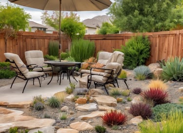 Xeriscape Fenced Backyard with eco friendly plants, rocks and patio