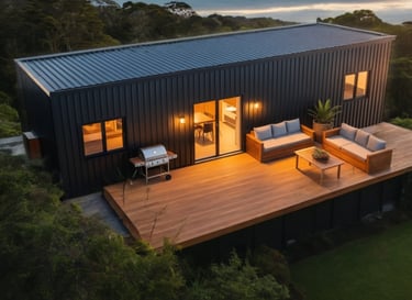 Exterior of Tiny home at dusk
