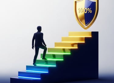 real estate agent silhouette ascending glowing stairs toward a 100% shield, representing broker cap