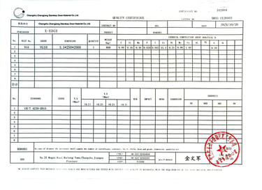 Certificado de calidad Acero VG10