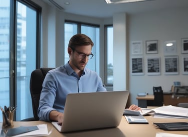 A professional woman in a suit works at a desk.
