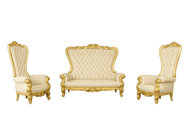 Elegant three-piece luxury furniture set featuring cream tufted upholstery and ornate gold-leaf wooden frames.