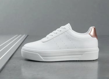 Tenis blanco de cuero con acento rosa en el talón, calzado deportivo casual