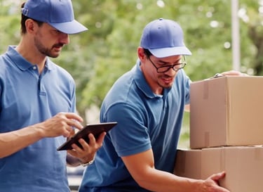 two man delivery crew unloading and checking the order