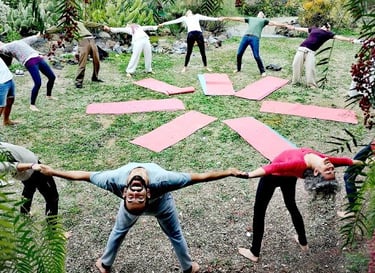 A group of diverse people practicing outdoor yoga in a circle on green grass.