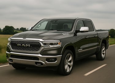 Dodge Ram 1500 Limited usada cinza rodando em estrada de pista simples