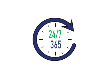 Clock design with the text 24/7/365 and an arrow rotating in a clockwise position.