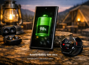 Smartphone Samsung Galaxy S26 Ultra com 98% de bateria restante