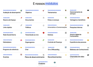 Quadro classificando o tipo de serviço da humand, como comunicação interna, cultura, Gestão de RH 