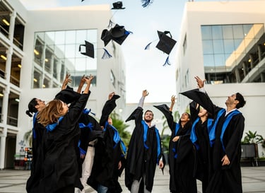 a group of graduates in black and blue caps and gowns