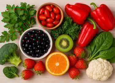 a variety of fruits and vegetables are shown in a variety of bowls