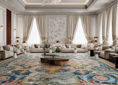 Luxury majlis interior featuring an ornate blue patterned rug and elegant cream sofas.