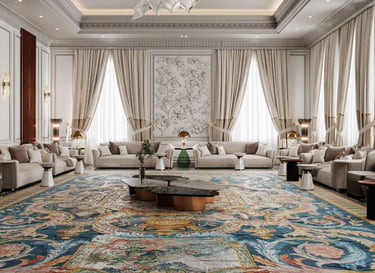 Luxury majlis interior featuring an ornate blue patterned rug and elegant cream sofas.