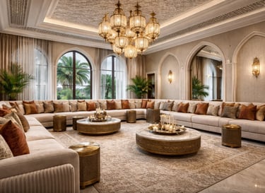 Luxury Arabic majlis with a large modular sofa, golden chandeliers, and ornate Moroccan style decor.