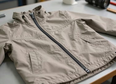 Close-up of a women's outerwear jacket front zipper seam and facing construction on a grey workbench under bright even studio overhead light, no model, stitching in sharp focus