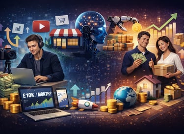 Digital illustration of entrepreneurs making money online using AI, e-commerce, and dropshipping.