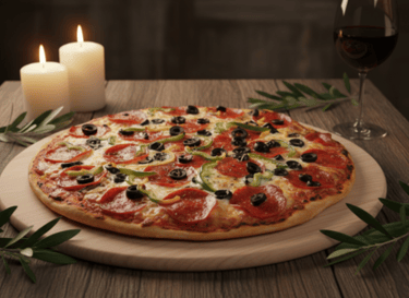 Pizza de pepperoni con aceitunas y pimientos verdes sobre una mesa de madera con velas.