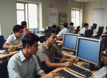 A lively classroom scene with students engaged in computer training, focused on their screens.