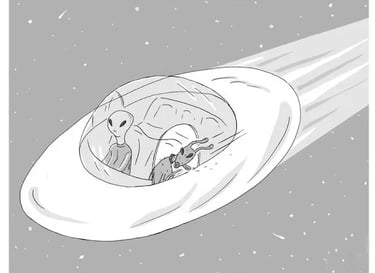 Alien in spaceship with dog's head out window.