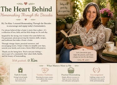 A smiling woman reading a book in a garden setting for the Homemaking Through the Decades blog.