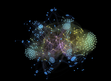 a network of many gene expression with nodes and edges colored by gene ontological grouping
