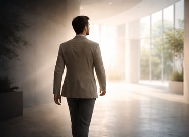 Professional walking from dark uncertain space into bright modern environment representing mindset transformation and clarity