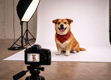 A happy dog wearing a red plaid bandana posing for a professional pet photoshoot in a studio.