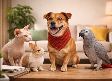 A brown dog, sphinx cat, rabbit, and African grey parrot posing together in a cozy living room.