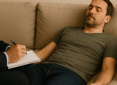 Hombre de mediana edad en sesión de Terapia de Vidas Pasadas.