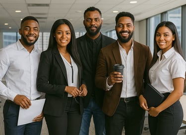 Five professionally dressed colleagues standing together in a modern office, smiling confidently at 