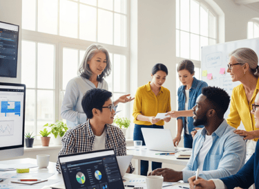 Diverse team collaborating in modern office.