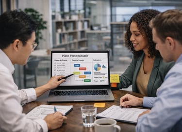 consultora e equipe de gestão definindo soluções sob medida alinhadas aos objetivos do negócio