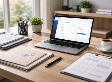 Laptop showing business registration software on a desk with an approved document and coffee.