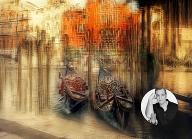 Dreamy Venice scene with gondolas and warm tones by Juan Busciglio, artist portrait inset