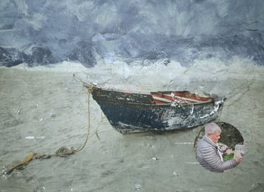 Textured seascape of beached boat under stormy sky by Jean Bradshaw