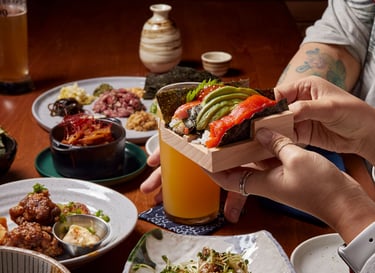 Temaki Sushi Platter, Chilled Beer, Japanese Sake, and Spiced Chicken Karaage