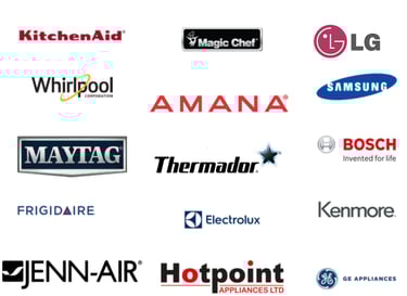 Logos of various appliance brands including kitchenaid, lg, samsung, whirlpool, and others on a white background.