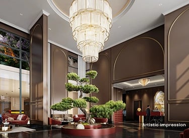 a large room with a large chandelier and a chandelier | Eternia Greater Noida West