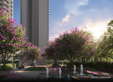 a fountain with water and trees in the background | Eternia Greater Noida West