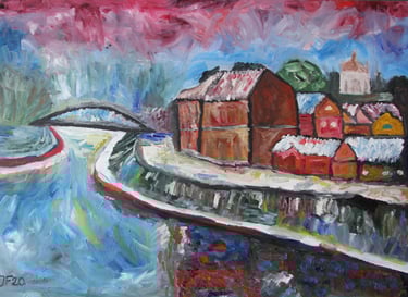 a painting of Vilnius and Neris river