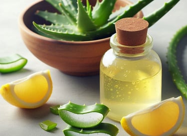 aloe vera leaves in bowl and lemon juice in glass bottle