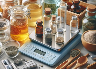 digital scale with various glass bottles filled with different liquids, herbs and spices