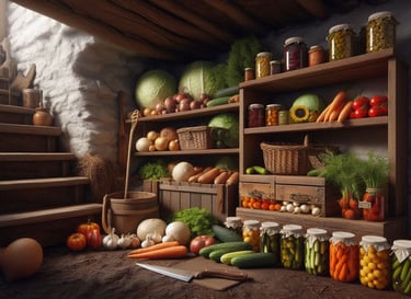 vegetables and canned goods in root cellar