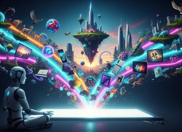 AI humanoid creating an explosion of surreal, futuristic designs from a digital canvas, symbolizing unlimited creativity thro